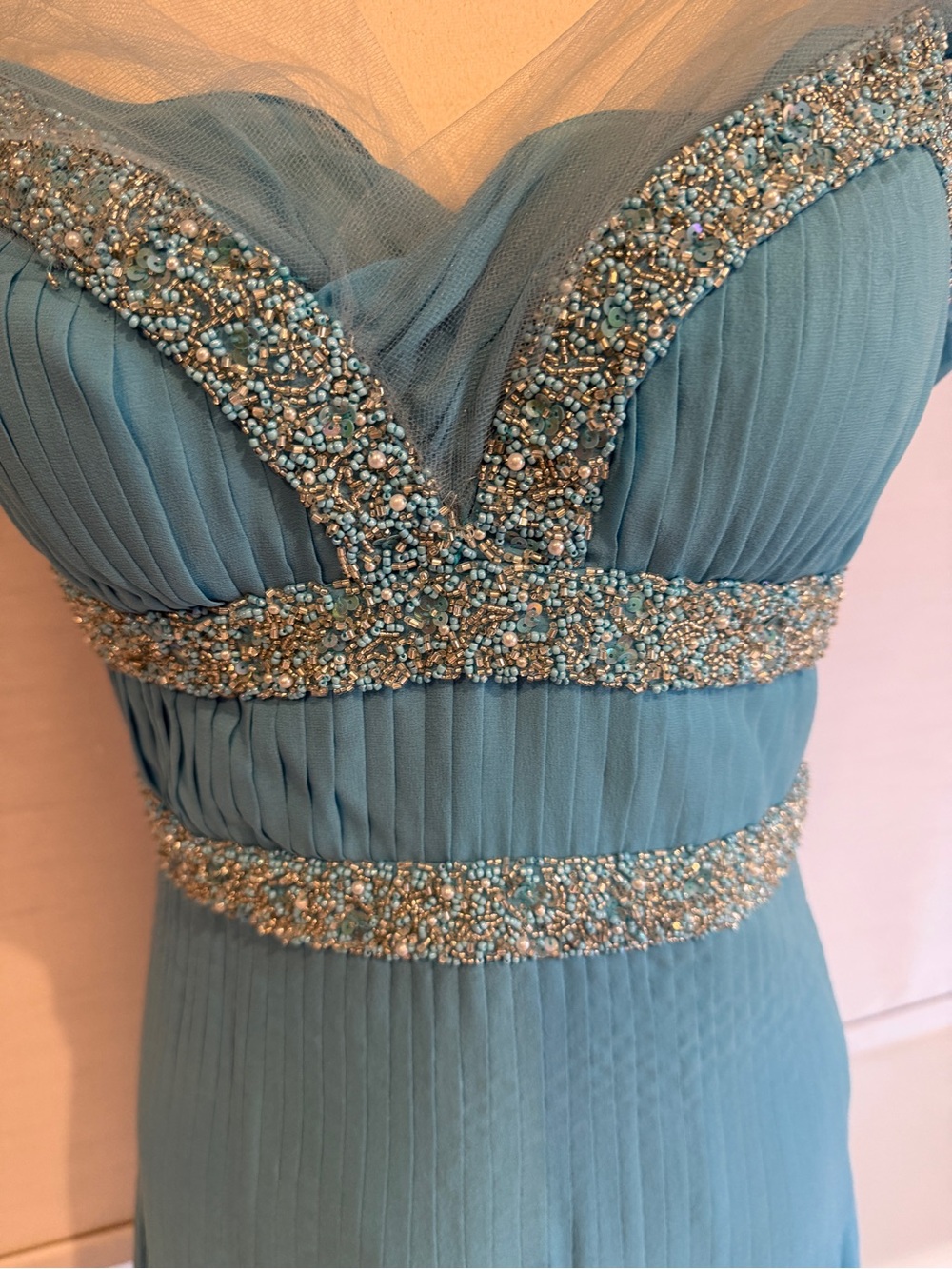 Ice Blue or aqua blue  Beaded Chiffon Evening  flowy Gown formal wear . - Picture 3 of 10